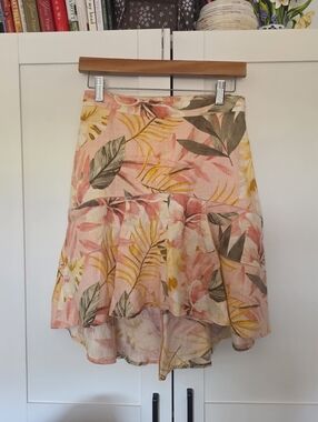 Jouie Linen Tropical Print High Waist Asymmetrical Skirt